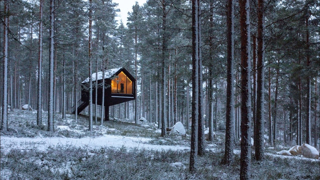 Studio Puisto balances black cabin on slender column in Finnish forest