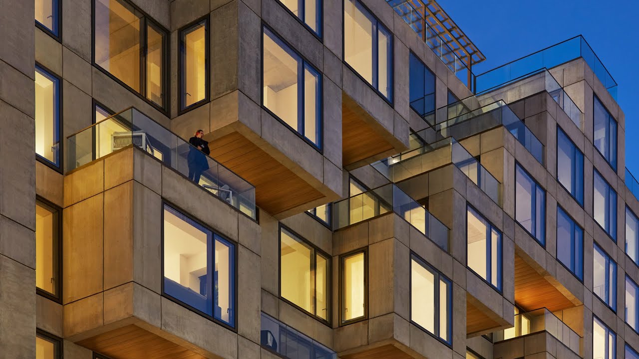 Irregularly stacked cubes form exterior of ODA apartment building in Dumbo