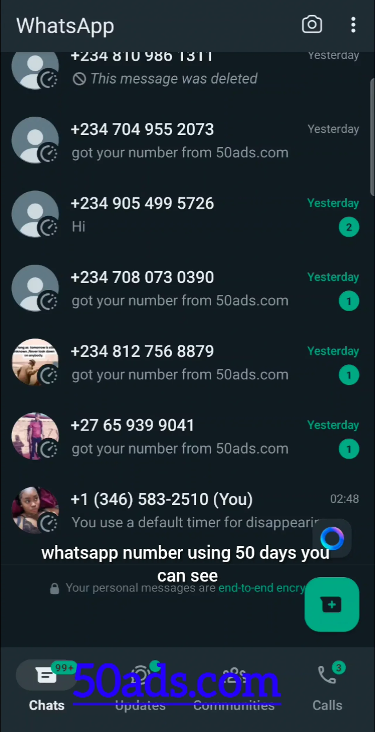 recieve 1000 whatsapp message to your whatsapp number in 1 day post add up on 50ads.com