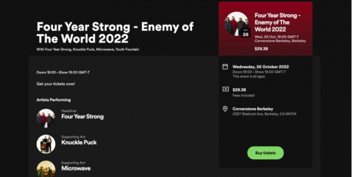Spotify直接从其平台上向粉丝出售现场演出的门票 Spotify直接从其平台上向粉丝出售现场演出的门票